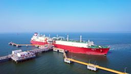 The first cargo of liquefied natural gas (LNG) delivered by Qatar Petroleum for China's Sinopec is unloaded at Tianjin LNG Receiving Terminal on January 15, 2022 in Tianjin, China. 