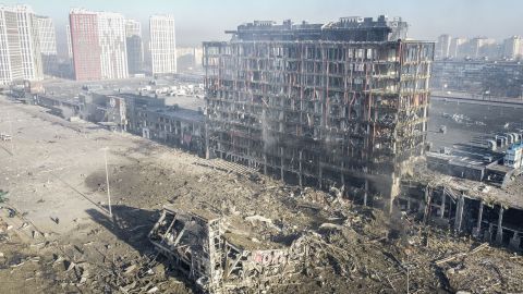 An aerial view of the completely destroyed shopping mall after a Russian shelling in Kyiv, Ukraine on March 21, 2022.