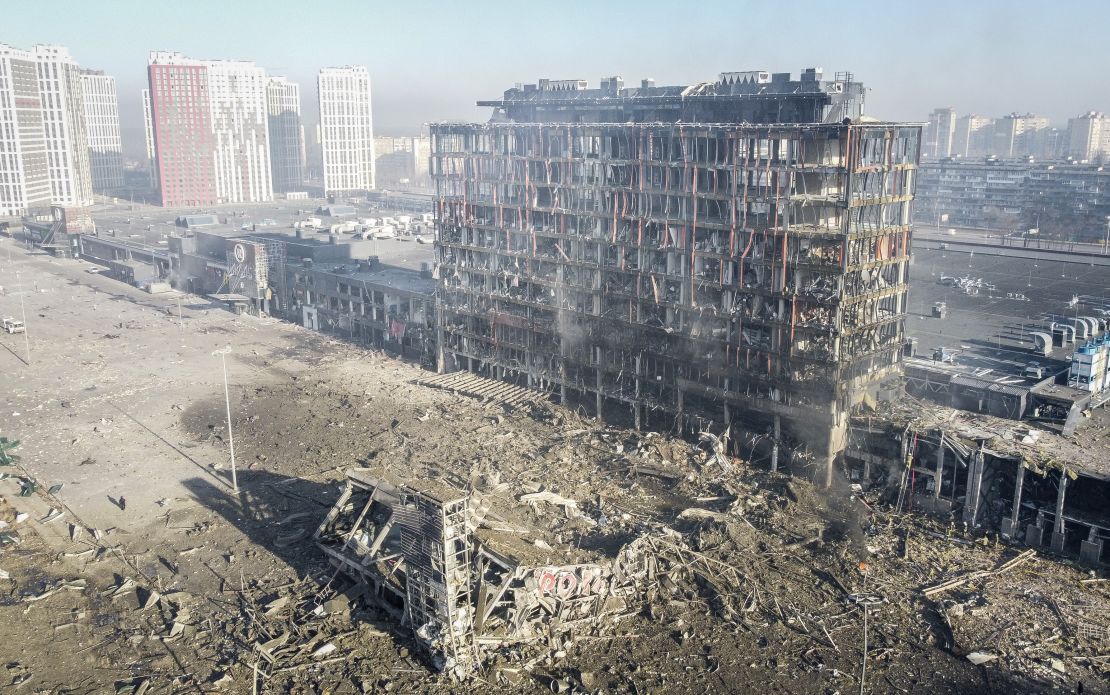 An aerial view of the completely destroyed shopping mall after a Russian shelling in Kyiv, Ukraine on March 21, 2022.