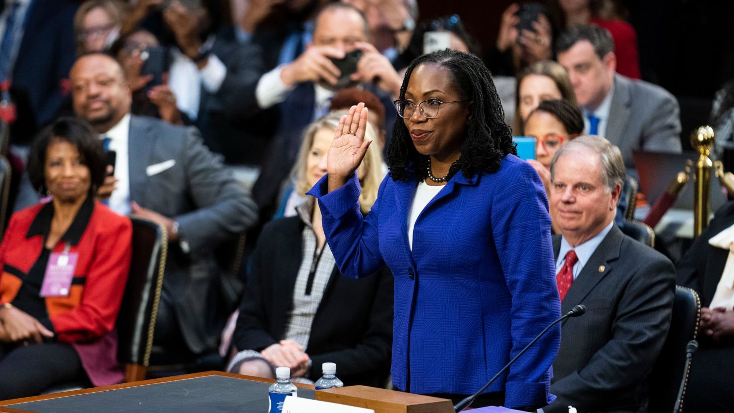 Judge Ketanji Brown Jackson is sworn in to testify before the Senate Judiciary Committee during a confirmation hearing to join the US Supreme Court, on Capitol Hill in Washington, on Monday, March 21, 2022. 