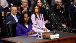 US Supreme Court nominee Judge Ketanji Brown Jackson takes her seat during her confirmation hearing before the Senate Judiciary Committee in the Hart Senate Office Building on Capitol Hill March 21, 2022, in Washington, DC. 