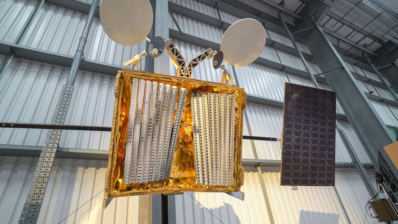 A OneWeb satellite on the opening day of the Story of a Satellite summer exhibition at Spaceport Cornwall on Aug 2, 2021 in Newquay, England.