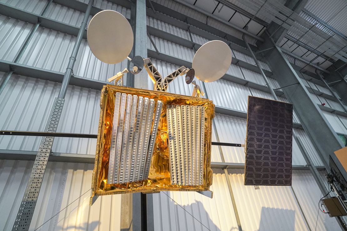 A OneWeb satellite on the opening day of the Story of a Satellite summer exhibition at Spaceport Cornwall on Aug 2, 2021 in Newquay, England. 