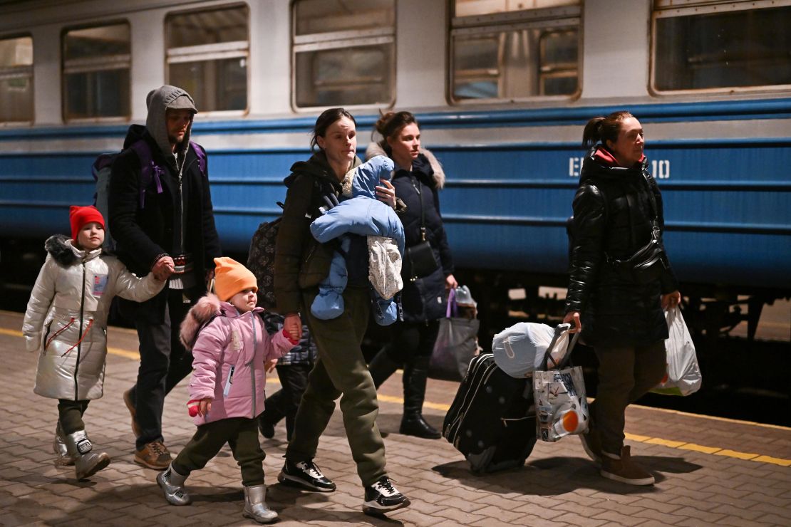 Ukrainian refugees arriving at Przemysl train station in Poland on March 20, 2022. 
