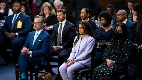 Judge Ketanji Brown Jackson's husband, Patrick Jackson, and children, Leila Jackson and Talia Jackson, sit in the audience of Jackson's Senate Judiciary Committee confirmation hearing to the United States Supreme Court on Capitol Hill in Washington, DC, on March 21, 2022. 