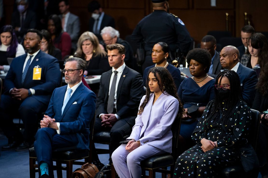 Judge Ketanji Brown Jackson's husband, Patrick Jackson, and children, Leila Jackson and Talia Jackson, sit in the audience of Jackson's Senate Judiciary Committee confirmation hearing to the United States Supreme Court on Capitol Hill in Washington, DC, on March 21, 2022.