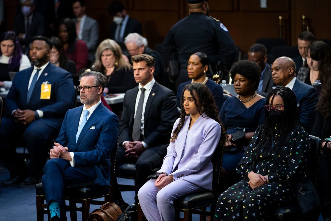 Judge Ketanji Brown Jackson's husband, Patrick Jackson, and children, Leila Jackson and Talia Jackson, sit in the audience of Jackson's Senate Judiciary Committee confirmation hearing to the United States Supreme Court on Capitol Hill in Washington, DC, on March 21, 2022. 