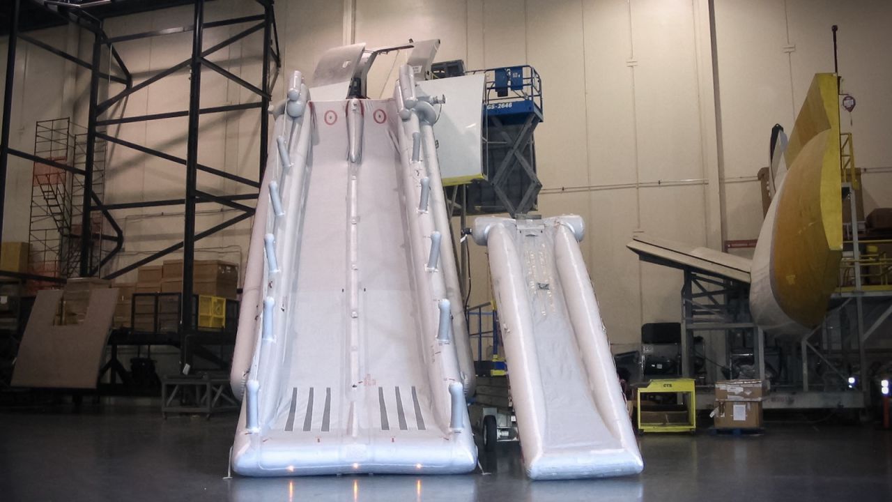 On the left is an evacuation slide for an Airbus A380. The one on the right has been designed for a Boeing 737.