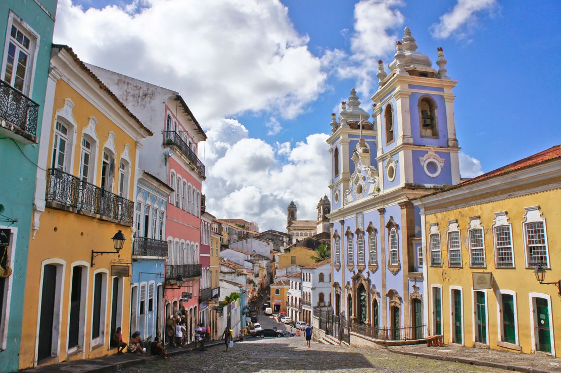 The streets of Salvador are lined with colorful colonial architecture. 