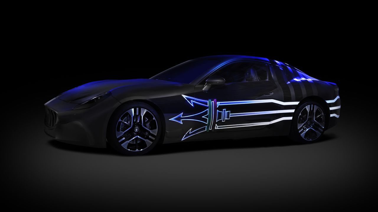Maserati released dark "teaser" images of its upcoming electric sports car.