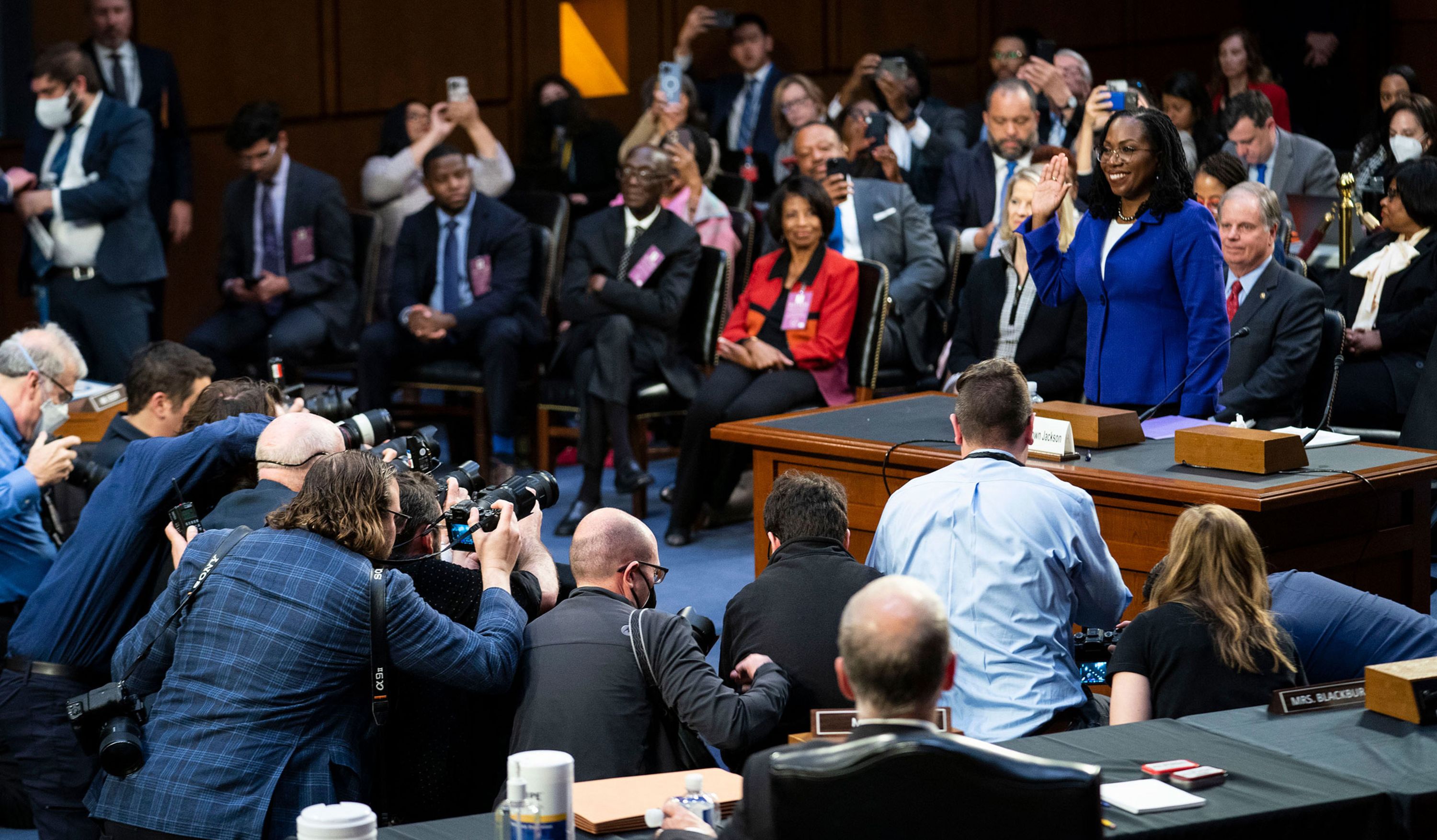 Supreme Court nominee Ketanji Brown Jackson is sworn in at her <a href="index.php?page=&url=http%3A%2F%2Fwww.cnn.com%2F2022%2F03%2F21%2Fpolitics%2Fgallery%2Fketanji-brown-jackson-confirmation-hearings%2Findex.html" target="_blank">confirmation hearing</a> in Washington, DC, on Monday, March 21.