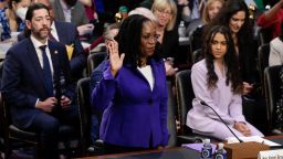 U.S. Supreme Court nominee Judge Ketanji Brown Jackson is sworn-in during her confirmation hearing before the Senate Judiciary Committee in the Hart Senate Office Building on Capitol Hill March 21, 2022 in Washington, DC. 