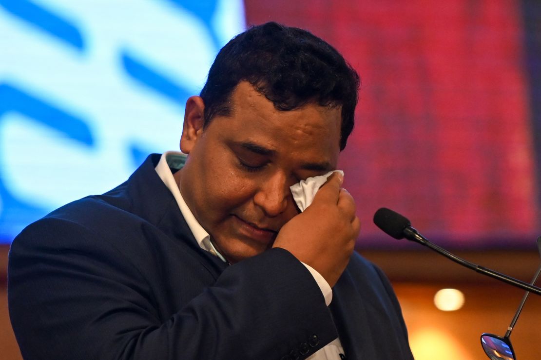 Paytm founder Vijay Shekhar Sharma breaks down while giving a speech during his company's IPO listing ceremony at the Bombay Stock Exchange in Mumbai on November 18, 2021. 