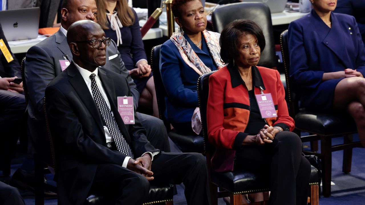 Johnny Brown and  Ellery Brown listen during their daughter's confirmation hearing before the Senate Judiciary Committee on Capitol Hill March 21, 2022, in Washington, DC. 