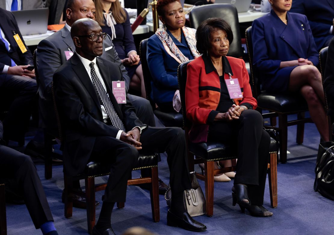 Johnny Brown and  Ellery Brown listen during their daughter's confirmation hearing before the Senate Judiciary Committee on Capitol Hill March 21, 2022, in Washington, DC. 