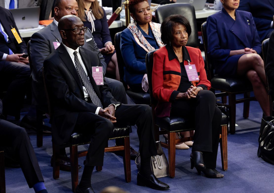 Johnny Brown and Ellery Brown listen during their daughter's confirmation hearing before the Senate Judiciary Committee on Capitol Hill March 21, 2022, in Washington, DC.