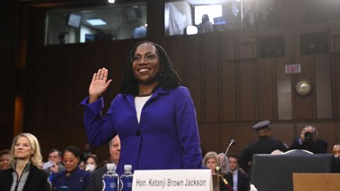 Judge Ketanji Brown Jackson is sworn in prior to testifying during a Senate Judiciary Committee confirmation  hearing on her nomination to become an Associate Justice of the US Supreme Court on Capitol Hill in Washington, DC, March 21, 2022. 