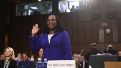 Judge Ketanji Brown Jackson is sworn in prior to testifying during a Senate Judiciary Committee confirmation  hearing on her nomination to become an Associate Justice of the US Supreme Court on Capitol Hill in Washington, DC, March 21, 2022. - The US Senate takes up the historic nomination on Monday of Judge Ketanji Brown Jackson to become the first Black woman to sit on the Supreme Court. (Photo by SAUL LOEB / AFP) (Photo by SAUL LOEB/AFP via Getty Images)