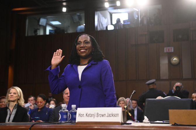Jackson is sworn in prior to <a href="index.php?page=&url=https%3A%2F%2Fwww.cnn.com%2F2022%2F03%2F21%2Fpolitics%2Fgallery%2Fketanji-brown-jackson-confirmation-hearings%2Findex.html" target="_blank">her confirmation hearings</a> in March 2022. Throughout her hearings, Jackson defended her experience and credentials as she faced criticisms from Republican senators on her judicial philosophy and legal record.