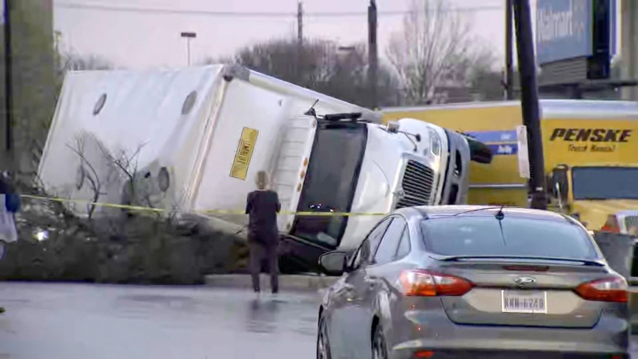 High winds blew over a truck near Round Rock on Monday.