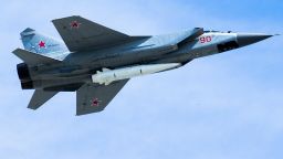 FILE In this file photo taken on Wednesday, May 9, 2018, a Russian Air Force MiG-31K jet carries a high-precision hypersonic aero-ballistic missile Kh-47M2 Kinzhal during the Victory Day military parade to celebrate 73 years since the end of WWII and the defeat of Nazi Germany, in Moscow, Russia. The Russian military says it launched maneuvers in the eastern Mediterranean that involve MiG-31 armed with the new Kinzhal hypersonic missiles, which arrived at the Russian airbase in Syria for the exercise. (AP Photo/Alexander Zemlianichenko, File)