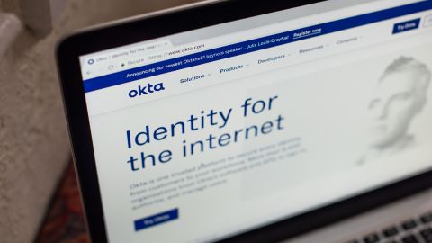 The Okta Inc. website on a laptop computer arranged in Dobbs Ferry, New York, U.S., on Sunday, Feb. 28, 2021.