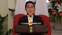 Fumio Kishida, Japan's prime minister, speaks during a joint press conference with Narendra Modi, India's prime minister, not pictured, at Hyderabad House in New Delhi, India, on Saturday, March 19, 2022. Democracies like India and Japan should cooperate more, Kishida told reporters in New Delhi, as Russia's war in Ukraine dominated the summit level meeting between the prime ministers of both countries. Photographer: T. Narayan/Bloomberg via Getty Images