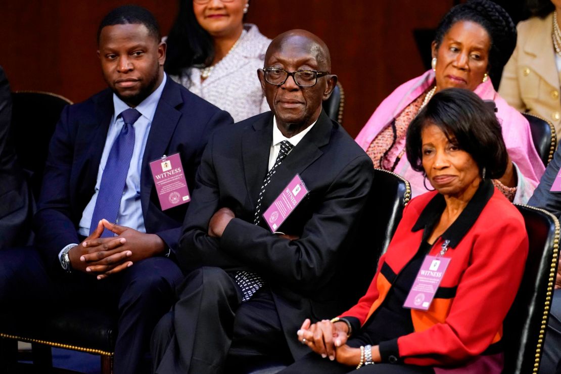 Supreme Court nominee Judge Ketanji Brown Jackson's family from left, brother Ketajh Brown, and parents Johnny and Ellery Brown, sit together in a front row during Jackson's confirmation hearing before the Senate Judiciary Committee on Monday, March 21, 2022, on Capitol Hill in Washington. 