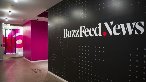 A BuzzFeed News logo adorns a wall inside BuzzFeed headquarters, December 11, 2018 in New York City. 