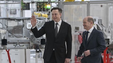 German Chancellor Olaf Scholz, right, and Elon Musk, Tesla CEO attend the opening of the Tesla factory.