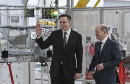 German Chancellor Olaf Scholz, right, and Elon Musk, Tesla CEO attend the opening of the Tesla factory.