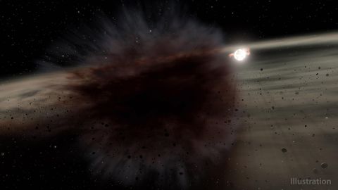 This illustration shows what happens when two large asteroid-size bodies collide in space. NASA's Spitzer Space Telescope observed a massive debris cloud that blocked the light of a nearby star.