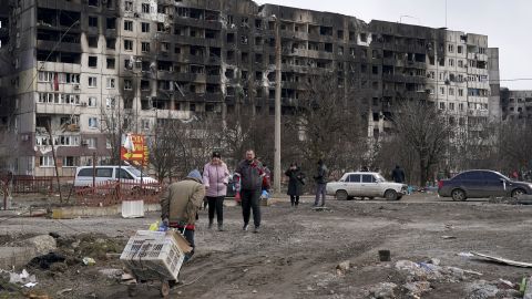Civilians in Mariupol, Ukraine on March 20, 2022. Mariupol has come under heavy Russian shelling and air strikes. 