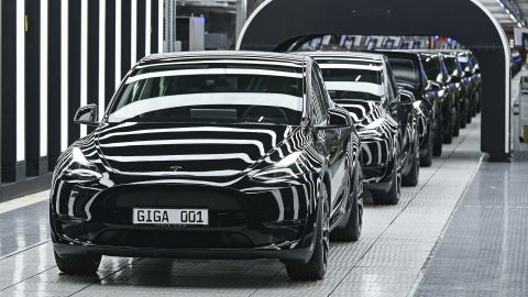 Model Y electric vehicles stand on a conveyor belt at the opening of the Tesla factory near Berlin earlier this month.