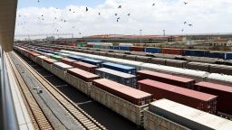 Freight trains are seen at Nairobi's station of Mombasa-Nairobi Standard Gauge Railway SGR in November 2021.