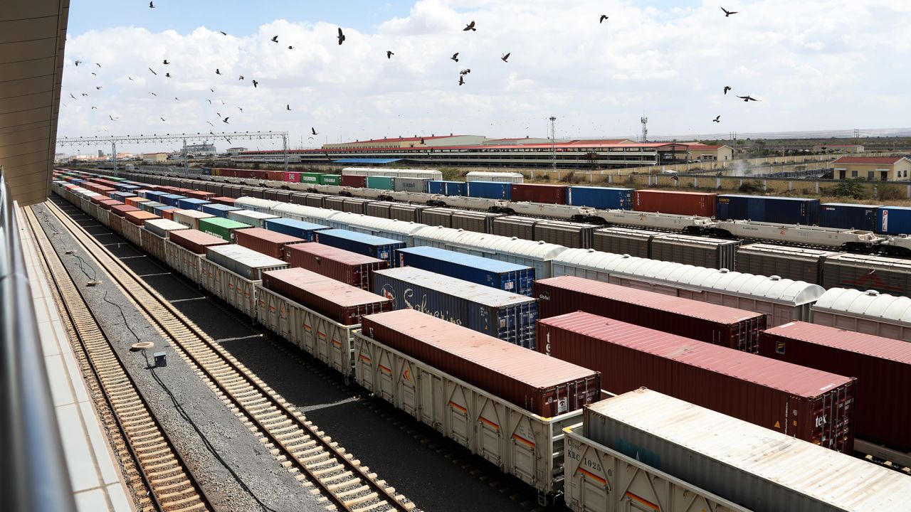 Freight trains at the Mombasa-Nairobi Standard Gauge Railway station in Nairobi, November 2021.