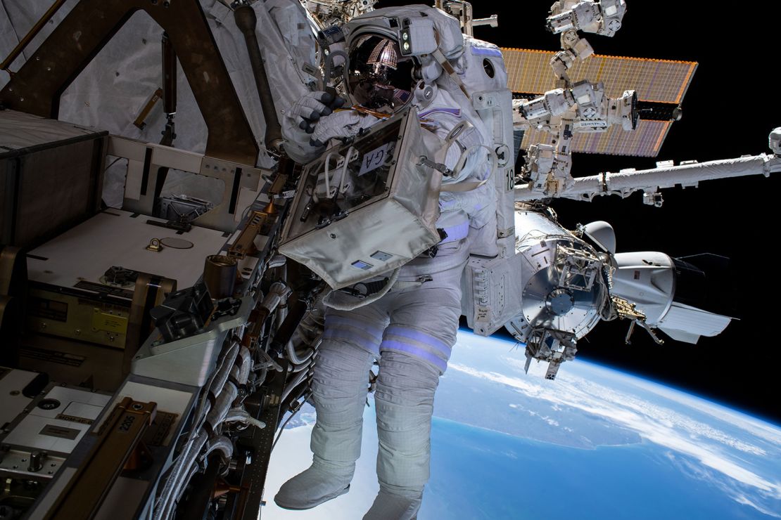 NASA astronaut Raja Chari is pictured during his spacewalk on March 15.