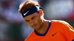 INDIAN WELLS, CALIFORNIA - MARCH 20:  Rafael Nadal of Spain shows his dejection against Taylor Fritz of the United States in the men's Final on Day 14 of the BNP Paribas Open at the Indian Wells Tennis Garden on March 20, 2022 in Indian Wells, California. (Photo by Clive Brunskill/Getty Images)