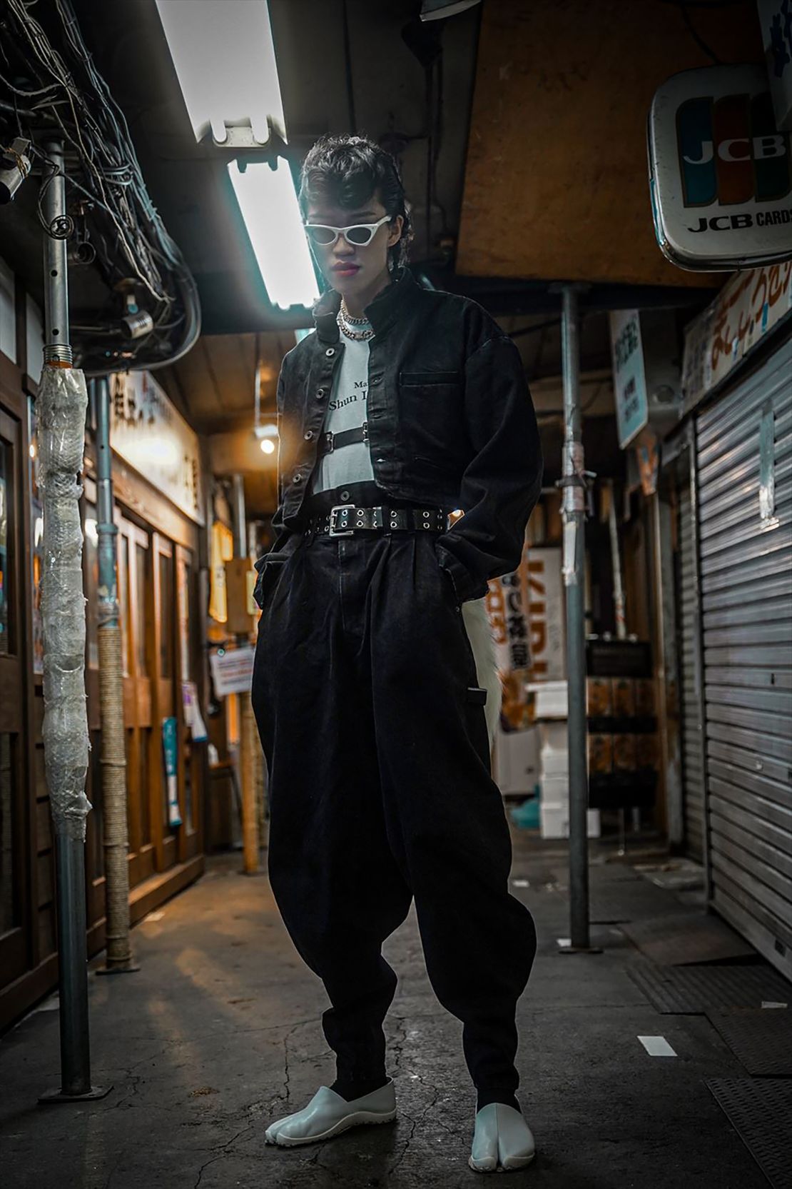 Cropped denim jackets were paired with wide-legged trousers -- a style favored by the subculture. Ishizawa said the pursuit of the "masculine" and "elegance" was central to his brand.