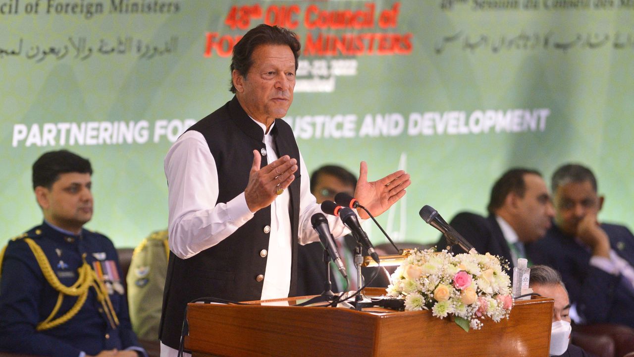 Pakistani Prime Minister Imran Khan speaks during the 48th session of the Organization of Islamic Cooperation (OIC) Council of Foreign Ministers, in Islamabad on March 22, 2022.