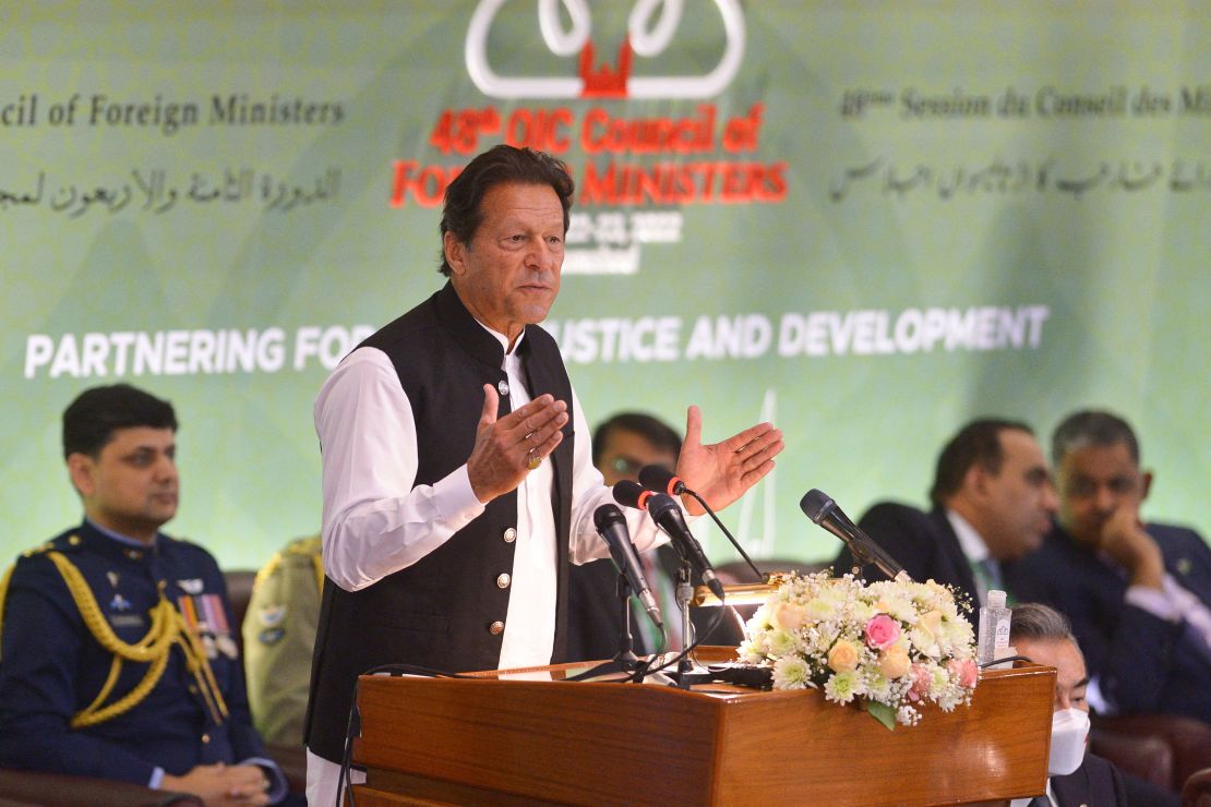 Pakistani Prime Minister Imran Khan speaks during the 48th session of the Organization of Islamic Cooperation (OIC) Council of Foreign Ministers, in Islamabad on March 22, 2022.