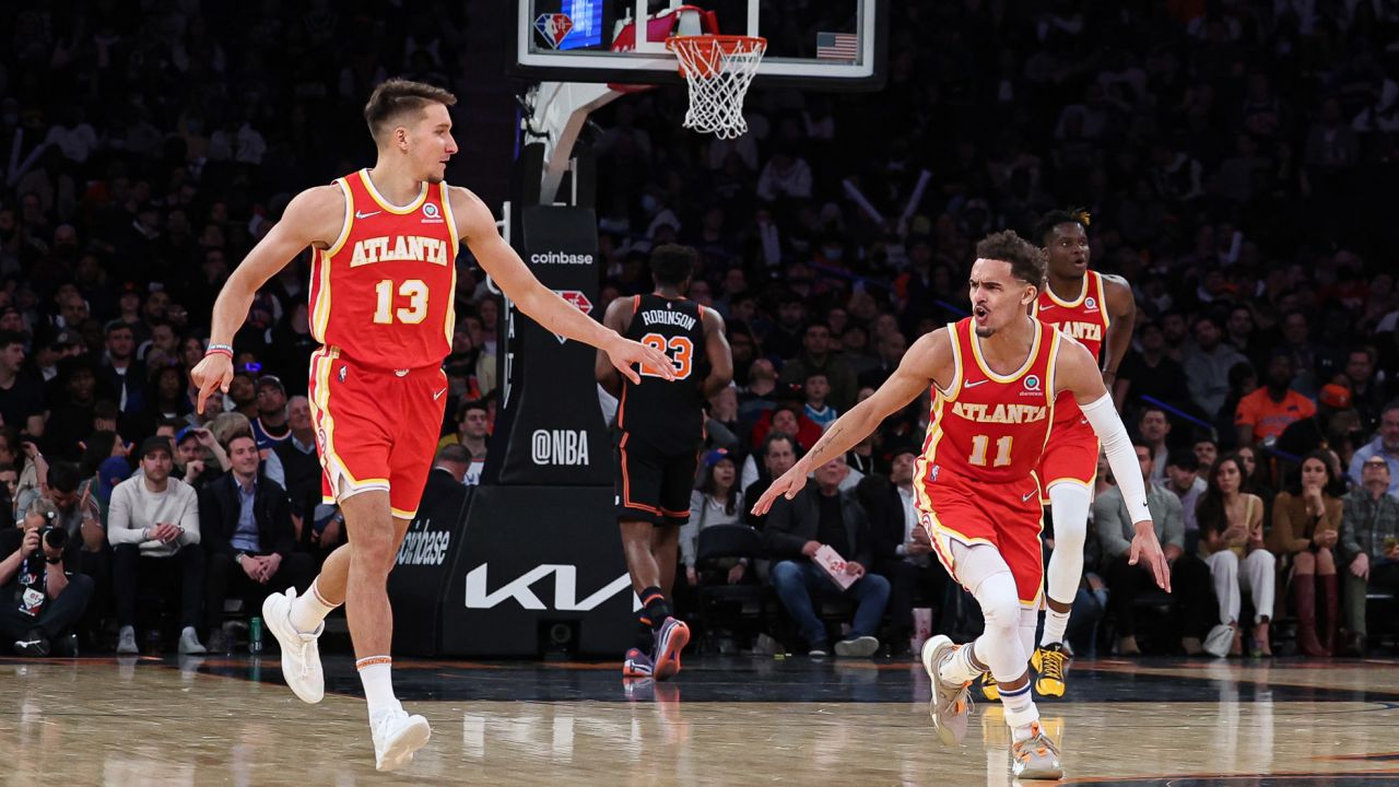Young celebrates with Bogdanovic after a basket against the Knicks.