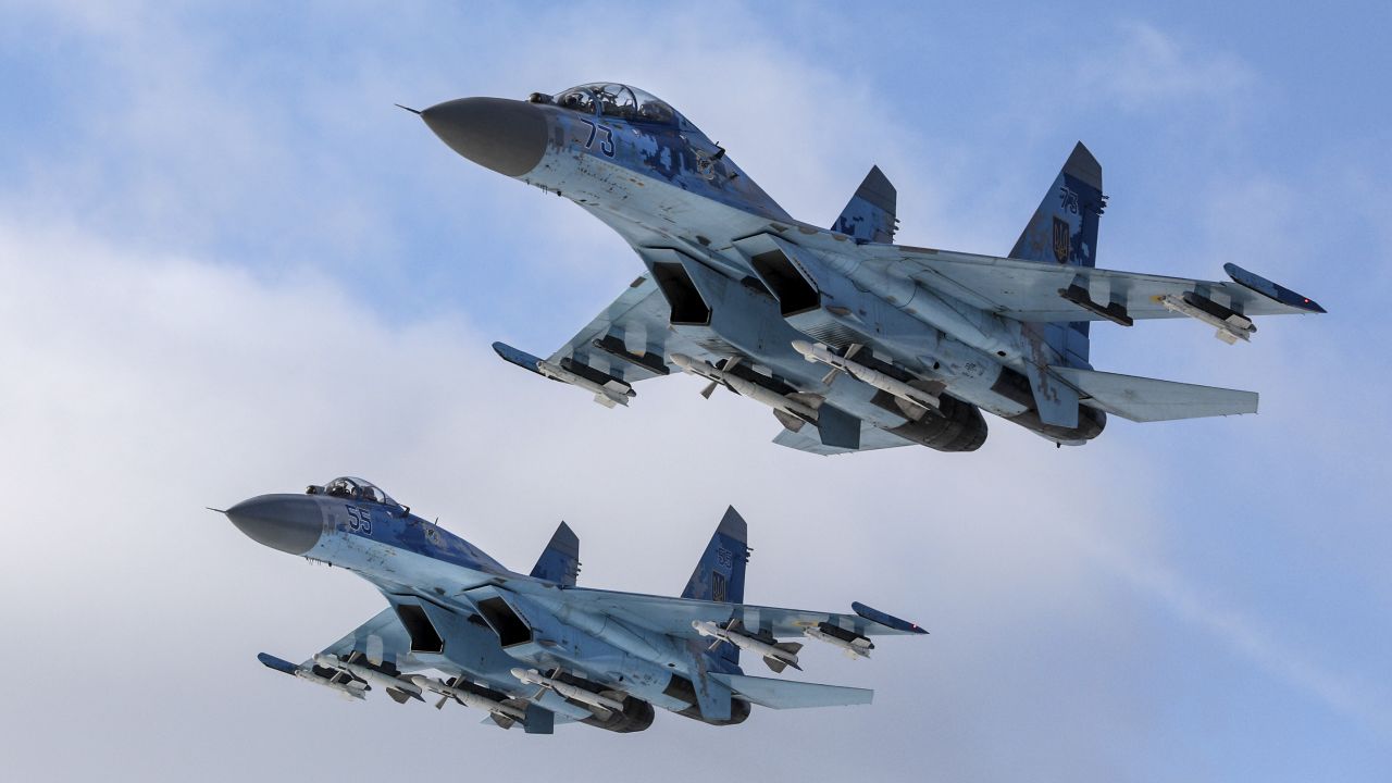 Su-27 fighter jets fly above a military base in the Zhytomyr region, Ukraine, on Dec. 6, 2018.