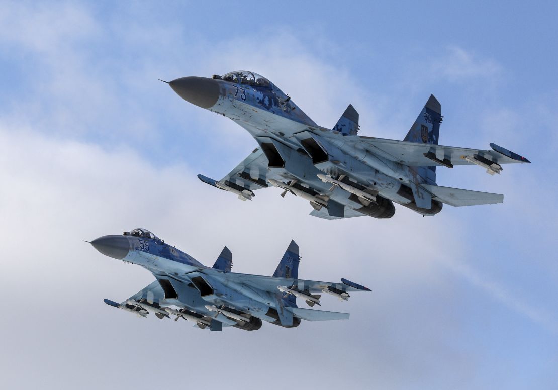 Su-27 fighter jets fly above a military base in the Zhytomyr region, Ukraine, on Dec. 6, 2018.