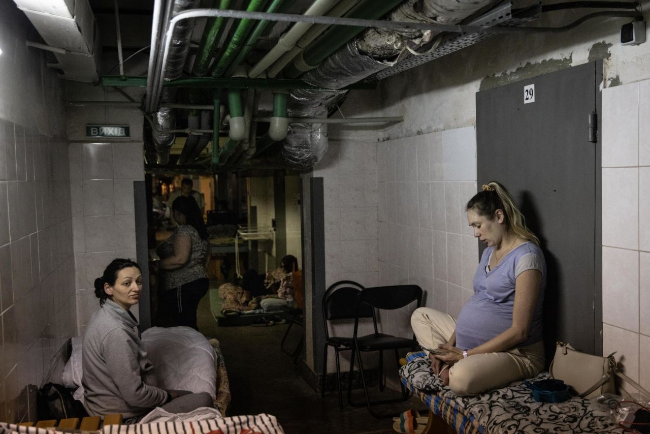 Pregnant women rest in the bomb shelter of a Kyiv maternity hospital on March 2.