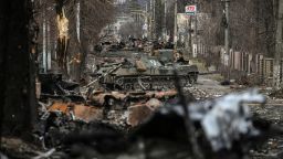 TOPSHOT - This general view shows destroyed Russian armored vehicles in the city of Bucha, west of Kyiv, on March 4, 2022. - The UN Human Rights Council on March 4, 2022, overwhelmingly voted to create a top-level investigation into violations committed following Russia's invasion of Ukraine. More than 1.2 million people have fled Ukraine into neighbouring countries since Russia launched its full-scale invasion on February 24, United Nations figures showed on March 4, 2022. (Photo by ARIS MESSINIS / AFP) (Photo by ARIS MESSINIS/AFP via Getty Images)