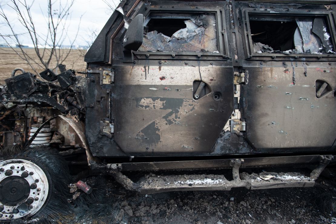A burned-out Russian combat vehicle, the letter Z emblazoned on its door, east of Mykolaiv city on March 10.