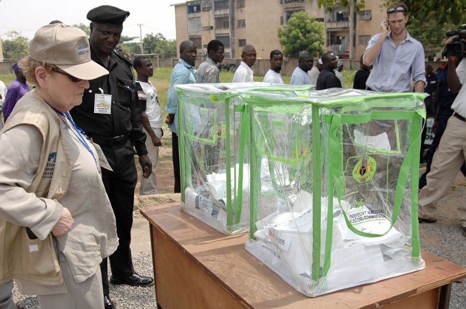 Albright visits a polling station in Abuja, Nigeria, in 2007. She was heading a delegation of election observers from the US-based National Democratic Institute.