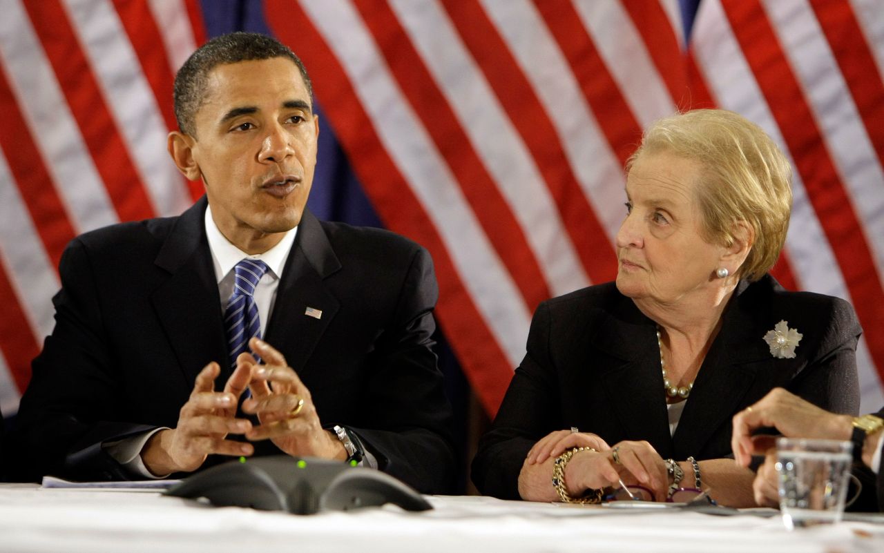 Albright and presidential candidate Barack Obama attend a roundtable discussion on foreign affairs in 2008.