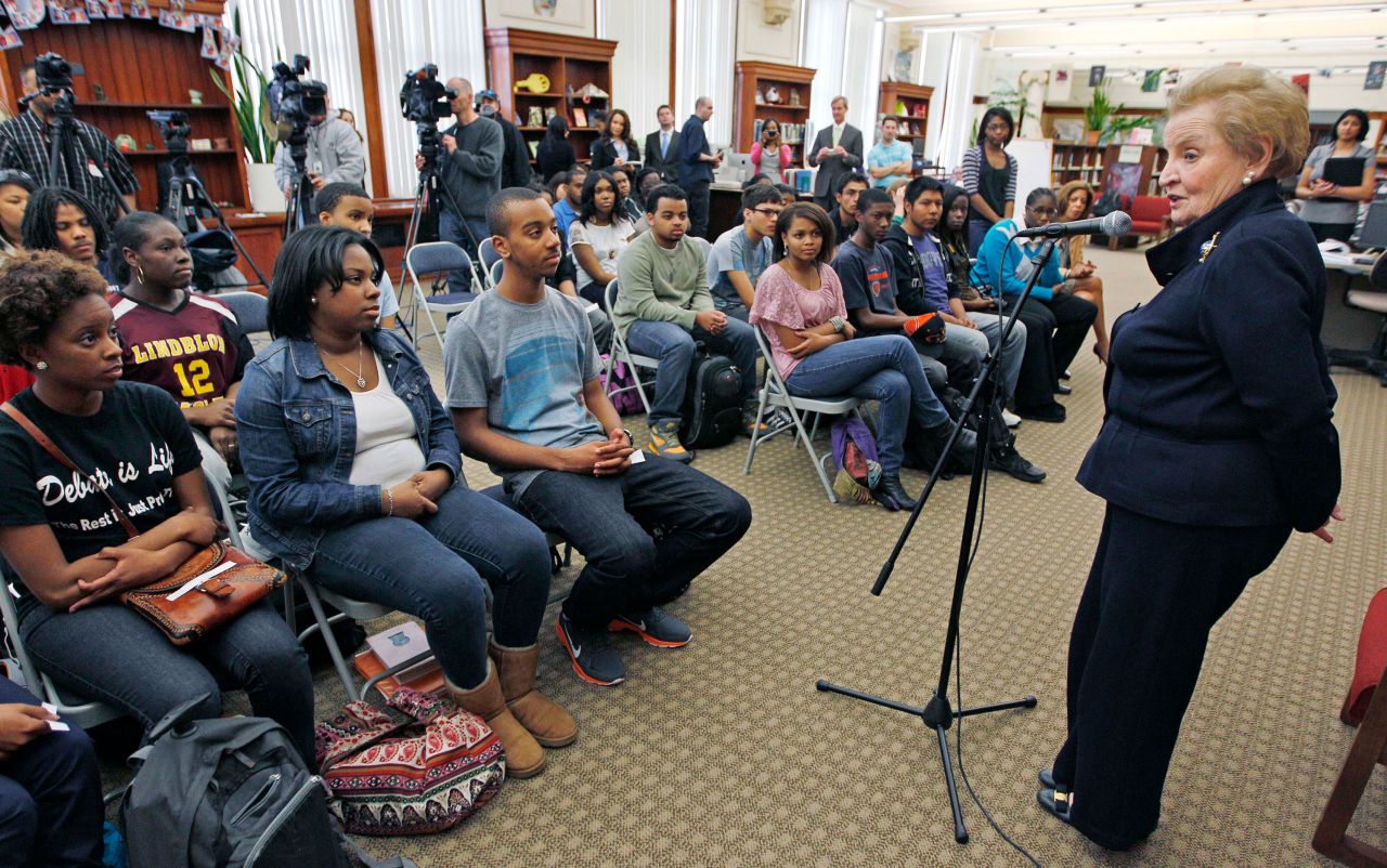 Albright visits with students in Chicago in 2012. The city was hosting a NATO summit the next month.